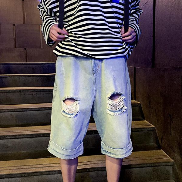 

men's jeans nice spring and summer chinese style men comfortable campus hole harajuku cotton loose denim shorts, Blue