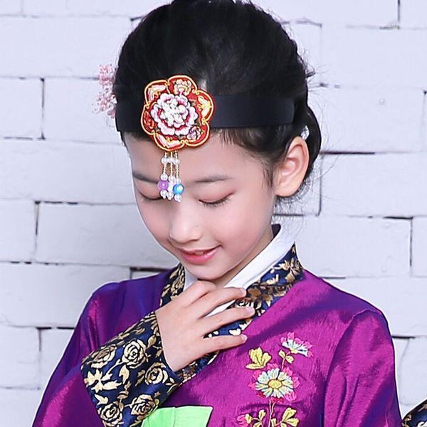 

korean hanbok traditional headbands flower applique embroidered hair band ethnic minority korean clothes performance accessories1, Red