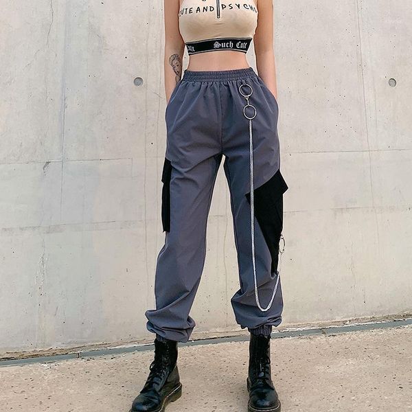 

cargo pants women patchwork mid waist pants with chain 2020 summer women joggers fashion casual sweatpants1, Black;white