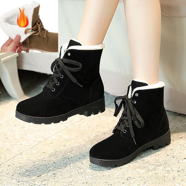 

warm women snow boots flock lace up thick med heels shoes for women basic ankle boots party casual shoes woman, Black