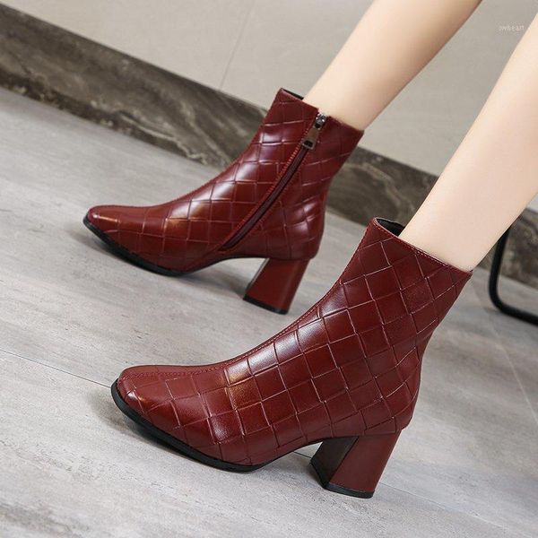 

boots female shoes 2021 casual checkered fashion ladies high heels 5.5cm pu leather woman boots1, Black