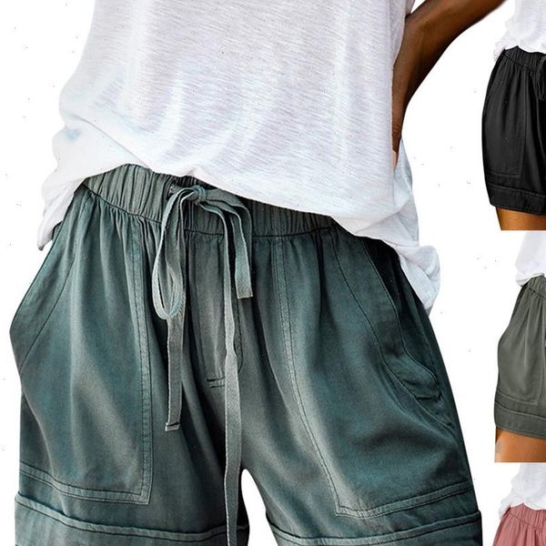 

2021 women shorts comfy drawstring splice casual elastic waist pocketed loose short feminino pantalon corto mujer, White;black