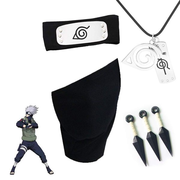 

naruto cosplay kakashi headband and face mask, 3 pcs plastic toy kunai and naruto necklace, perfect decoration accessories for ninja cosplay