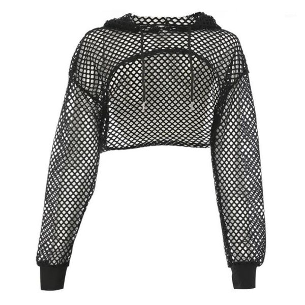 

women black fishnet hoodie summer autumn long sleeve see through mesh cropped loose high low streetwear hooded sweatshirts1