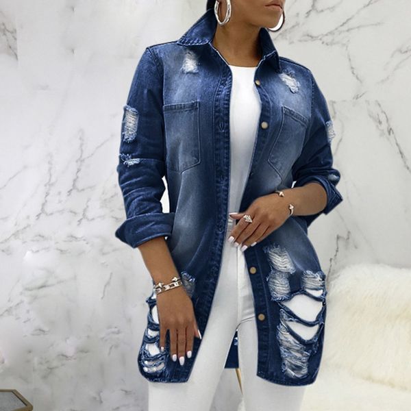 

2021 2xl ripped denim women autumn jacket vintage from hollow mode jeans coat casual streetwear outwear long black blue nc34, White;black