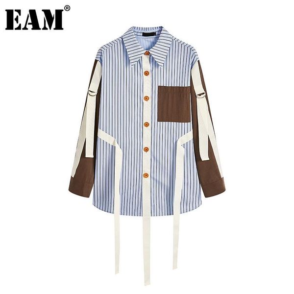 

eam] women blue ribbon striped big size blouse new lapel long sleeve loose fit shirt fashion tide spring summer 2020 1z383, White