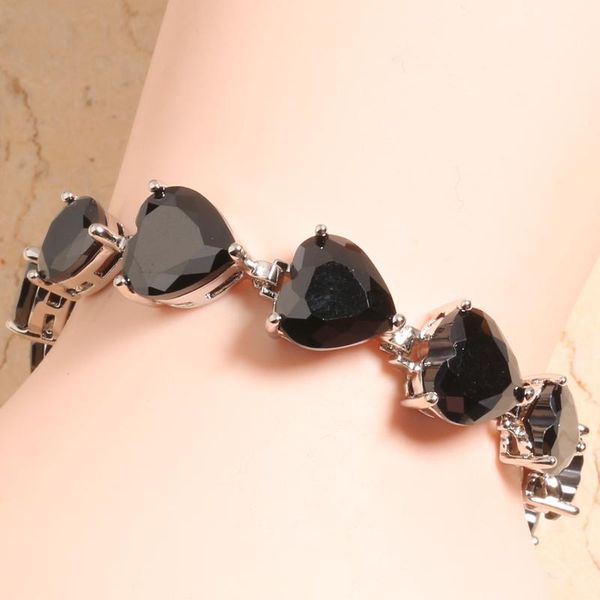 

heart love black onyx zircon silver plated argent link chain bracelet 6 7 inch l10054