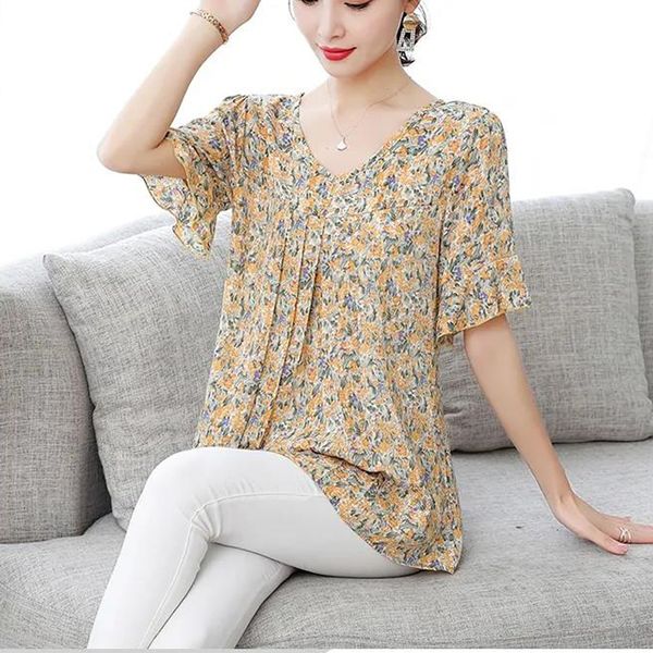 

2021 new summer casual shirt women blouse plus size o-neck short sleeve floral blouses shirts blusas juok, White