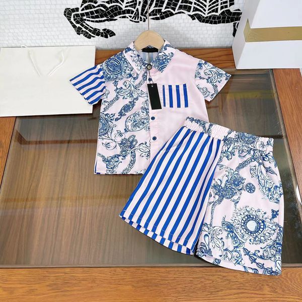 

fashion kids boys sets summer children button shirts with shorts 2pcs/tracksuit baby outfit print clothes, White