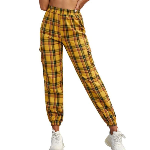 

print plaid high waist woman pants casual sweatpants yellow color streetwear fall 2020 women clothing y1346a, Black;white