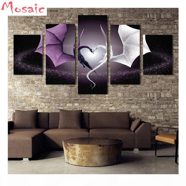 

5 panel dragon love pictures of rhinestones 5d diy diamond painting mosaic diamond embroidery wall stickers home decoration