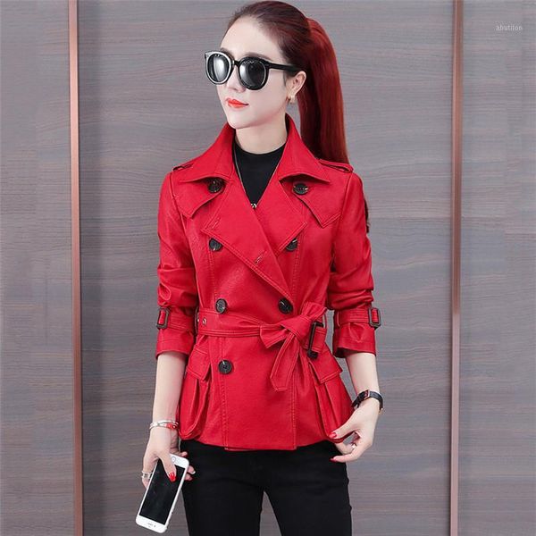 

women's leather & faux 2021 spring and autumn pu korean slim jacket fashion double-breasted temperament short female jacket1, Black