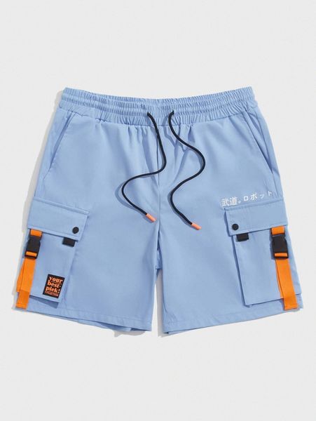 

men buckle strap pocket patched letter graphic shorts k9xr#, Black