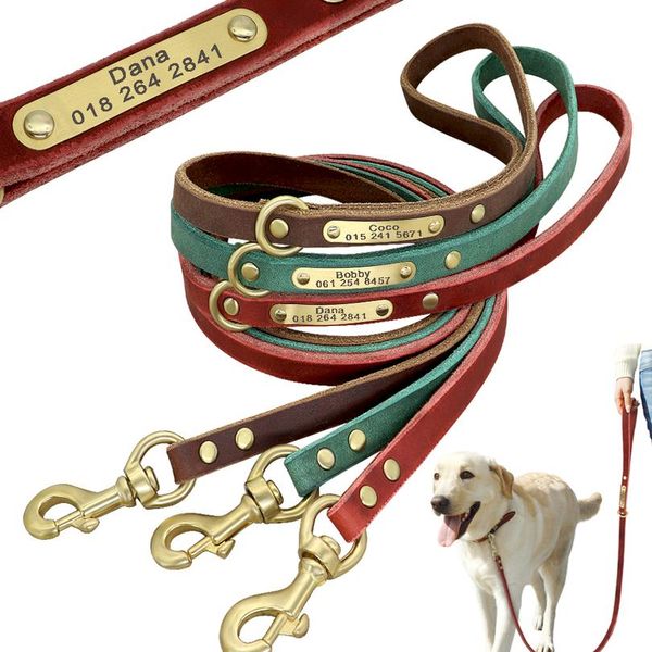 

120cm dog leash custom leather dog leash nameplate id tag collar lead pet walking lead for small medium large dogs k9 bbyadu