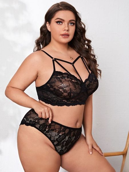 

plus floral lace cut-out harness lingerie set o4mj#, Black;white