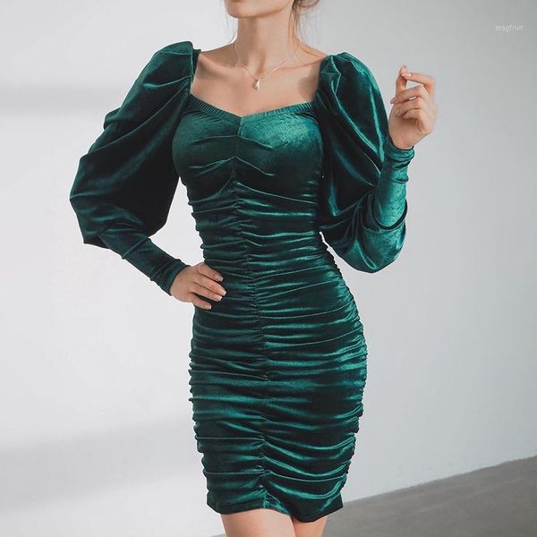 

women elegant velvet dress square collar puff sleeve female dress ladies vintage full sleeve mini party vestidos1, Black;gray