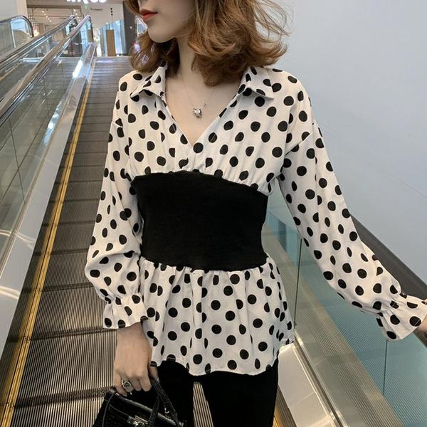 

2020 long-sleeved shirt ladies blouse young new style ins fashion sense of design waist hugging v-neck western style polka dot s, White