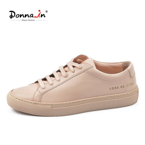 

donna-in casual women white nude sneaker genuine leather flats lace up low heel breathable shoes 2020 autumn female footwear c1011, Black;white