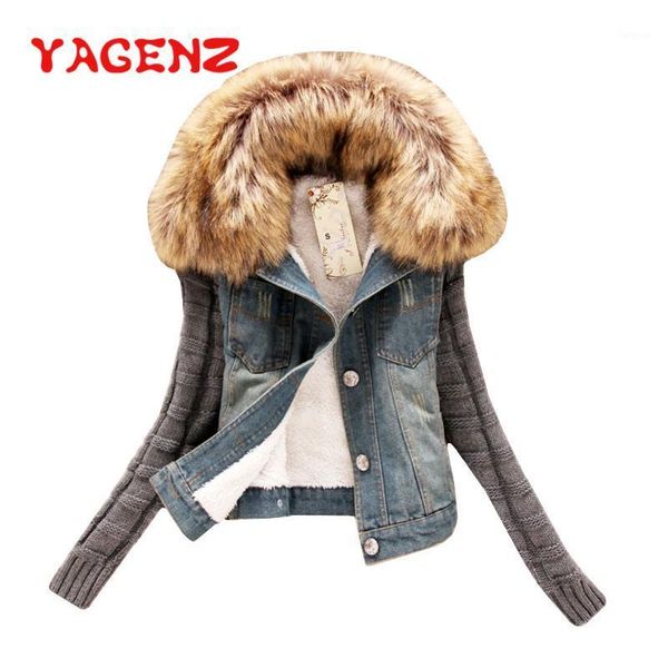 

yagenz spring autumn clothes denim jacket women fur collar hooded denim jacket plus velvet jeans women chaqueta mujer 4381, Black;brown