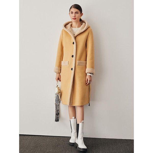 

winter lamb coat women's thick shearling jacket with hooded single breasted warm fur wide-waisted luxury clothes & faux, Black