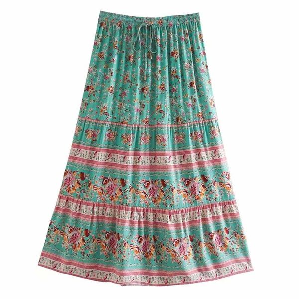 

skirts boho inspired turquoise print elastic waist woman cotton long womens bohemian style summer beach, Black