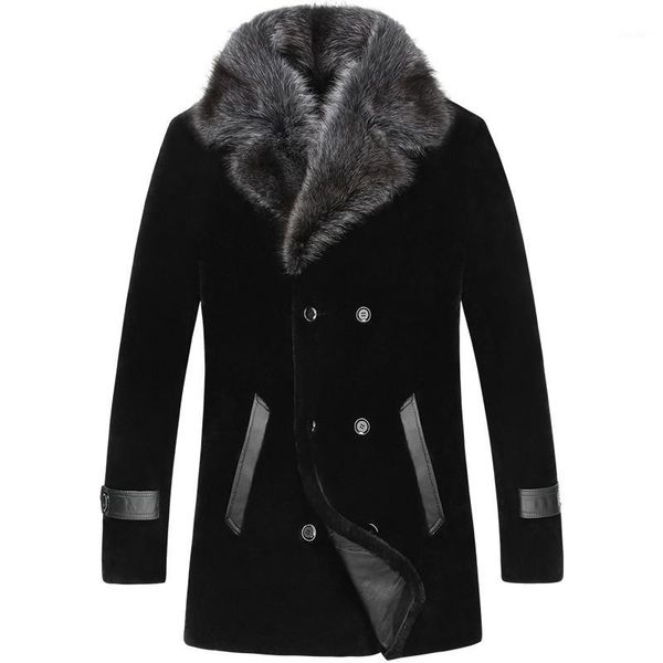 

nice men one-piece coat long mink collar wool jacket direct vogue tide palto large size winter sheep shearing outerwear1, Black