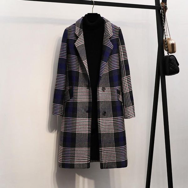 

women's wool & blends 2021 women coat winter plaid jacket warm woolen female long single-breasted overcoat elegant outerwear p741, Black
