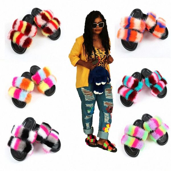 

women fur slippers woman casual flats summer ins female fashion comfort rainbow shoes double fluffy slides drop shipping #m77t, Black