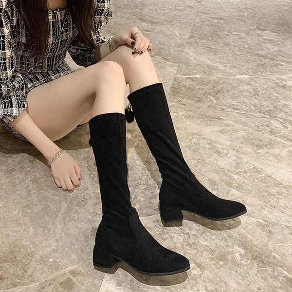 

2021 ins women knee-length high heel boots lady riding botas warm winter shoes women fashion square toe casual footwear, Black