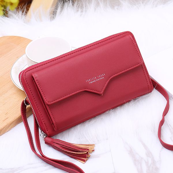 

fashion women long business card holder shoulder strap money coin purse zipper ladies mobile phone bag storage wallet, Red;black