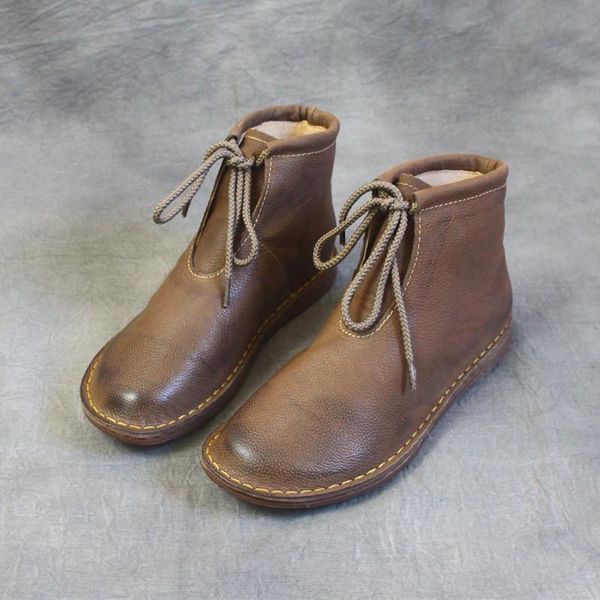 

yourseason genuine leather ladies lace up winter 2021 boots sewing flat with handmade casual platform women vintage shoes, Black