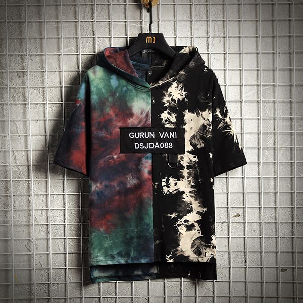 

men's hoodies men 2020 summer short sleeves tie dye sweatshirt male hip hop harajuku japanese streetwear hoodie men, Black