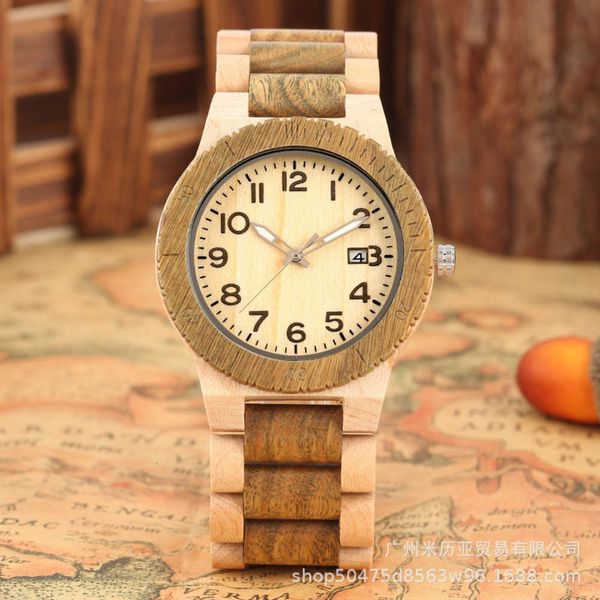 

new face maple room green digital sandalwood calendar men's quartz wood watch 2021gb01i7j0, Slivery;brown