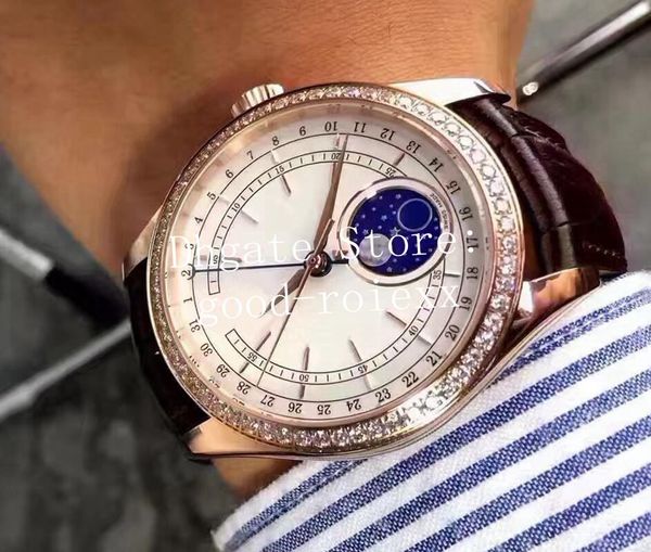 Часы мужские Rhinestone Diamond Bezel Rose Gold Mechanical 2813 Watch Mens Cellini 50535 Leather Blue Enamel Moon Display 50605 Наручные часы
