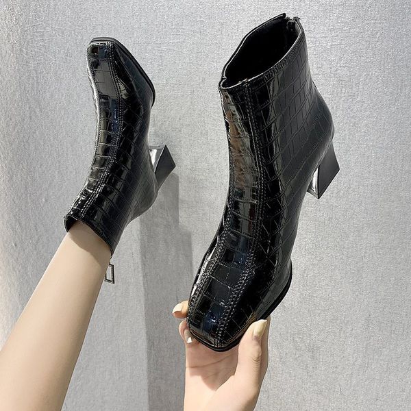 

2021 the new fashionable women's leather ankle square toe ladies boots high-heeled bright woman glass shoes nu5v, Black