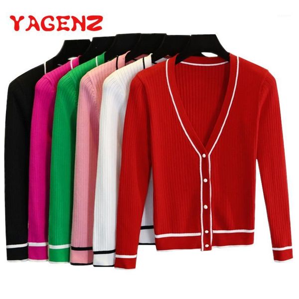 

yagenz stripe cardigan women knitted sweaters spring and autumn coat v neck plus size ladies long sleeve thin sweater short coat1, White