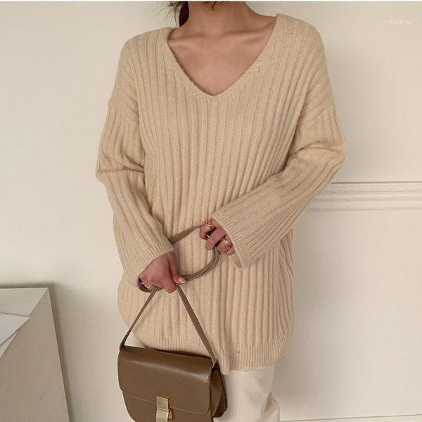 

women's sweater autumn 2020 new loose simple all-match lazy v-neck mid-length all-match bottoming sweater pullover, White;black