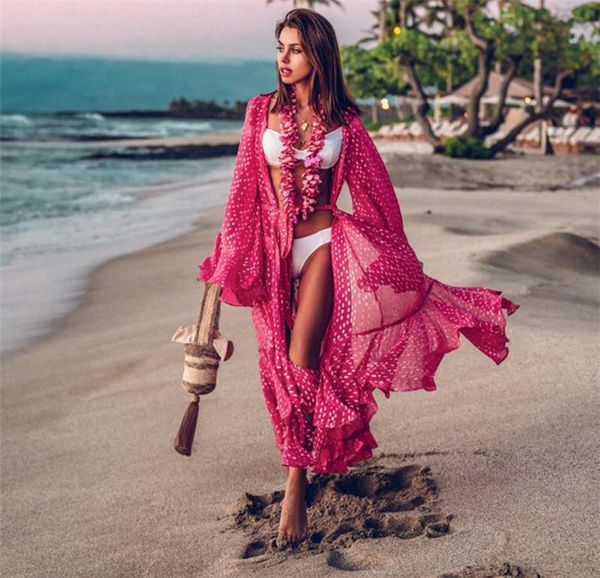 

women's swimwear women dot print chiffon summer holiday beach swim cover up flare sleeve cardigan bikini wrap beachwear loose long dres, White;black