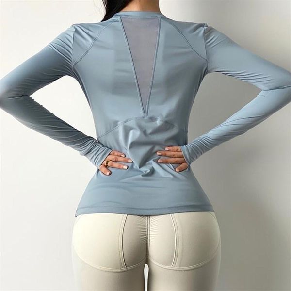 

autumn slim sports t shirt sportswear for women gym long sleeve net splice running quick dry yoga blouse with thumb buckle, White;red