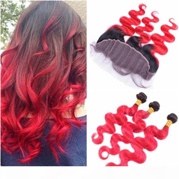 

body wave 1b red ombre peruvian human hair weave bundles with full lace frontal closure 13x4 red ombre virgin hair weaves with frontals, Black;brown