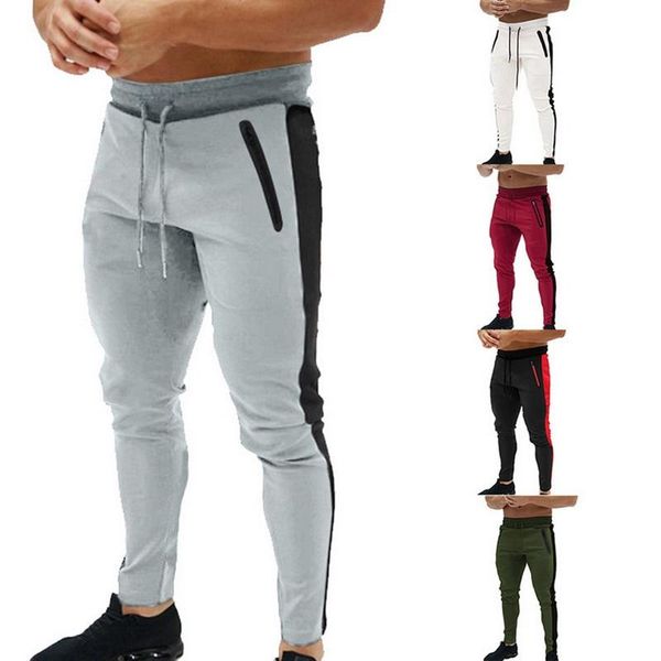 

men fashion running pencil pants fitness clothing gym jogger drawstring sport trouser casual workout stripe sportwear sweatpants, Black