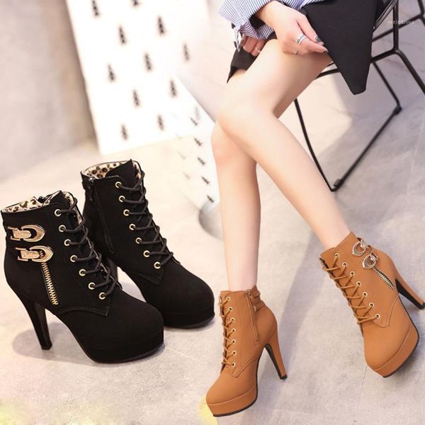 

fashion women platform high heels female lace up women's shoes buckle woman short boot ladies footwear plus size ankle boots1, Black