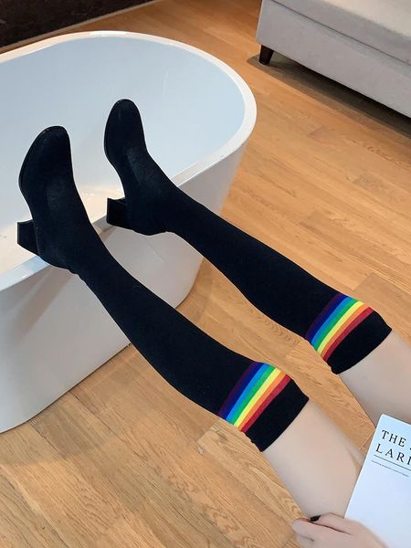 

women boots over knee boots-women booties woman 2020 high heels shoes platform round toe over-the-knee stiletto, Black