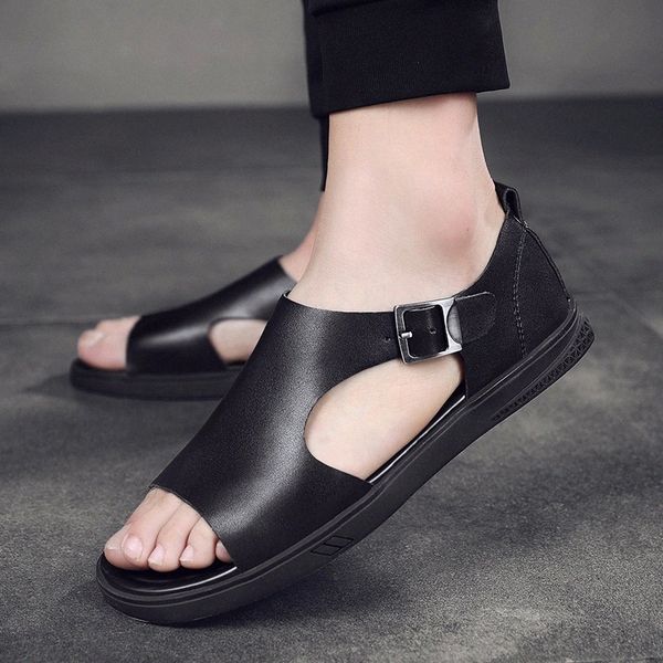 

men casual sandals outdoor beach classic leather slip on male flat breathable fashion sandals black mens summer sandals men #u828