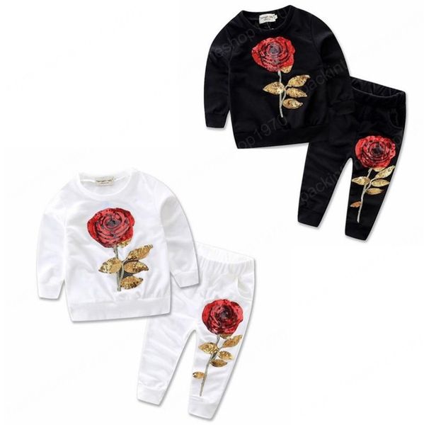 Baby Mädchen Anzug Rose bestickt Pullover Hosen 2er Sets Glitzer Baby Mädchen Sport Outfits Mode Baby Kleidung Set Schwarz Weiß