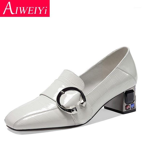 

patent leather high heels shoes for woman square toe block heel high heeled shoes slip on genuine leather platform pumps1, Black
