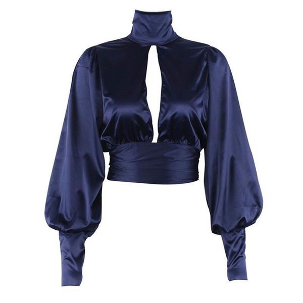 

women fashion long lantern sleeve office lady satin blouse shirt ladies top, White