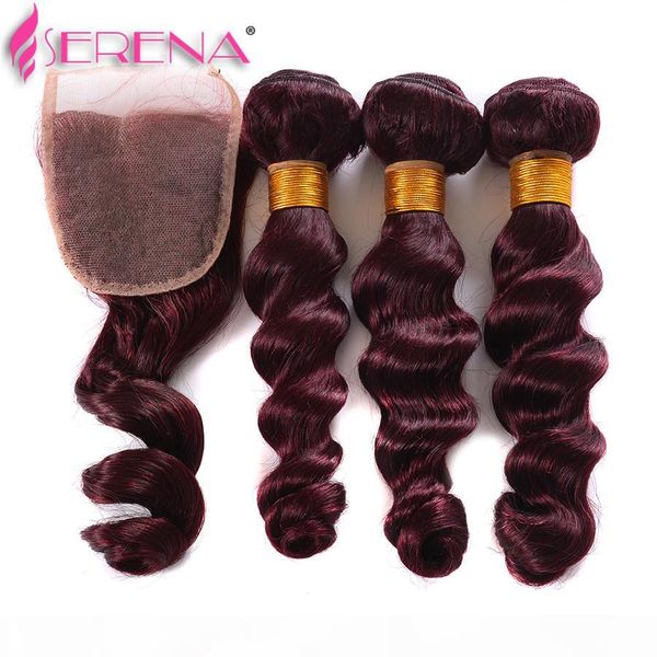 

burgundy ombre peruvian hair with closure 99j peruvian loose wave with closure wine red human hair 3 bundles with closure, Black;brown