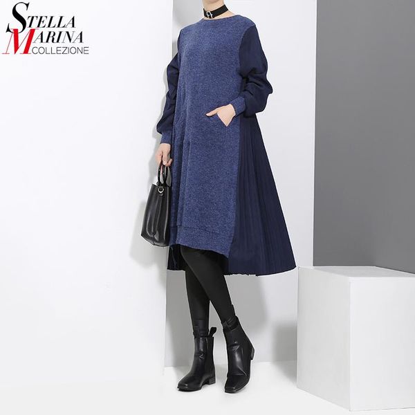 

2020 winter woman long sleeve blue black patchwork sweater dress pocket woolen ladies loose casual midi dress style vestido 3030, Black;gray