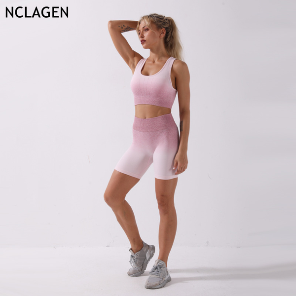 

nclagen seamless suit women sports bra shorts yoga set 2 piece workout running gradients fitness legging gym sportwear, White;red